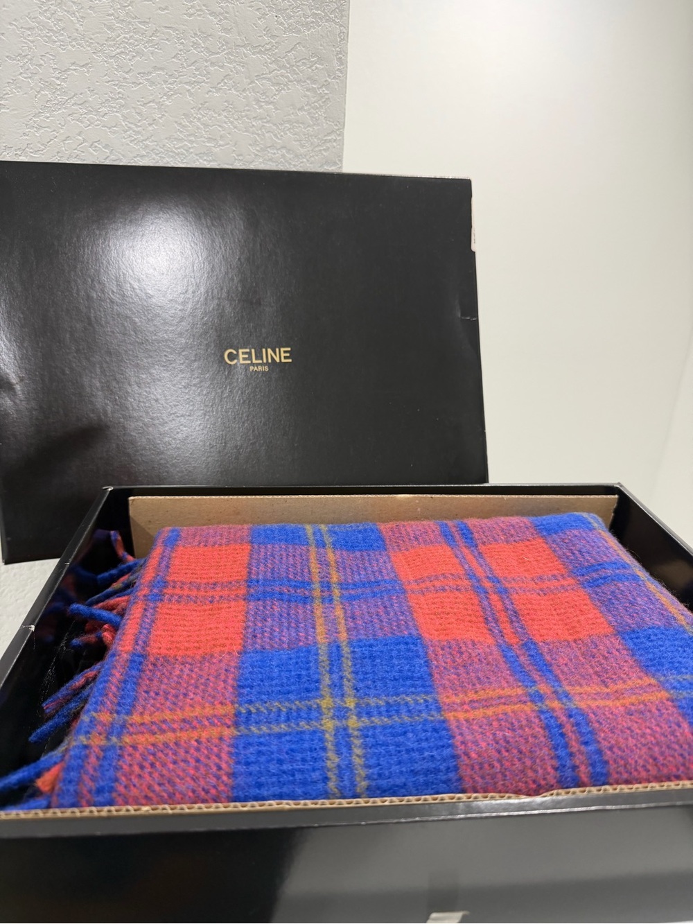 Celine Red & Blue Plaid Wool Scarf